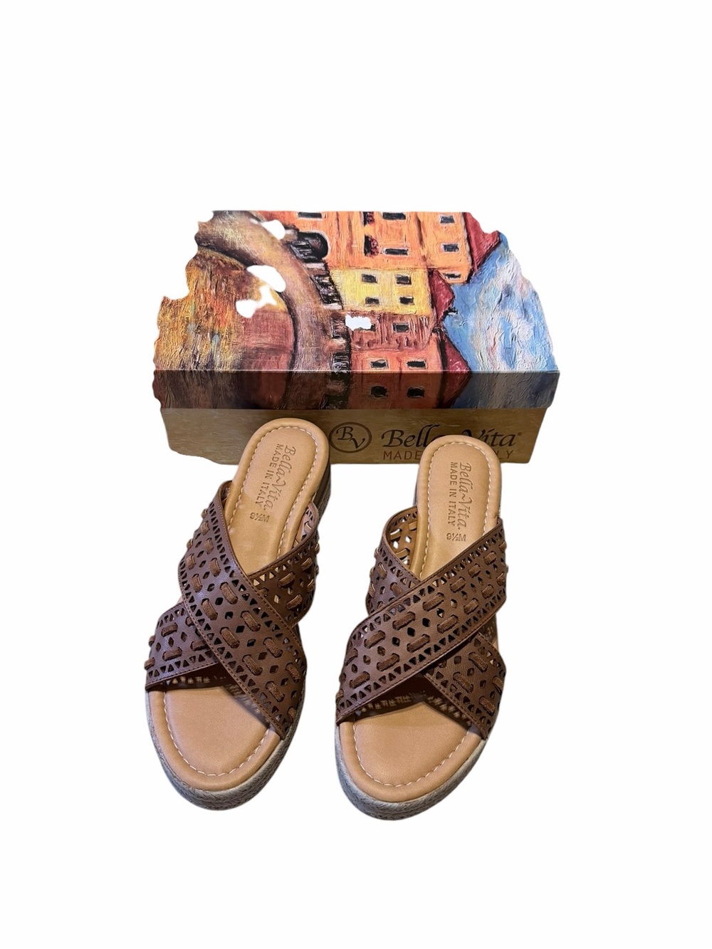 🌟🌼NIB Bella Vita Brown Perforated Leather Crisscross Slide Mules Size 9 1/2M.